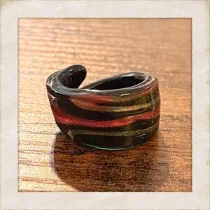 Y2K Vintage Italian Murano Glass Ring Black Striped, Size 6, Made in Italy